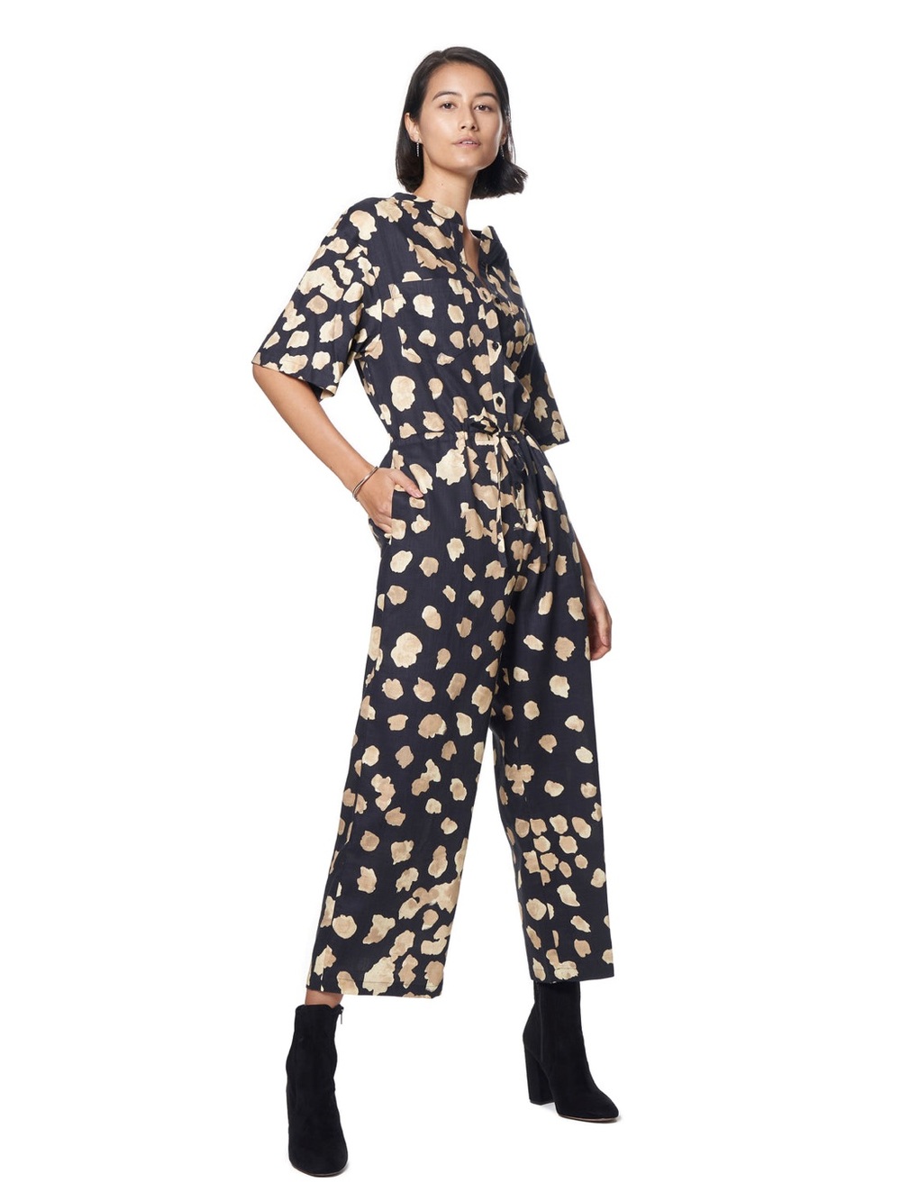 The Kit Women's Navy & Beige Printed Wide-Leg Jumpsuit Size Small